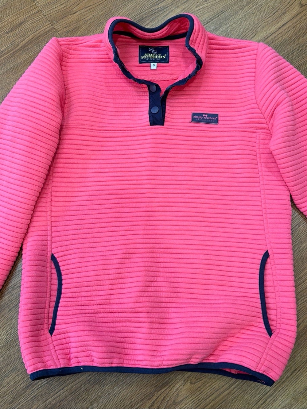 Simply Southern Hot Pink Quilted Snap Pullover with Navy Trim - Picture 1 of 5